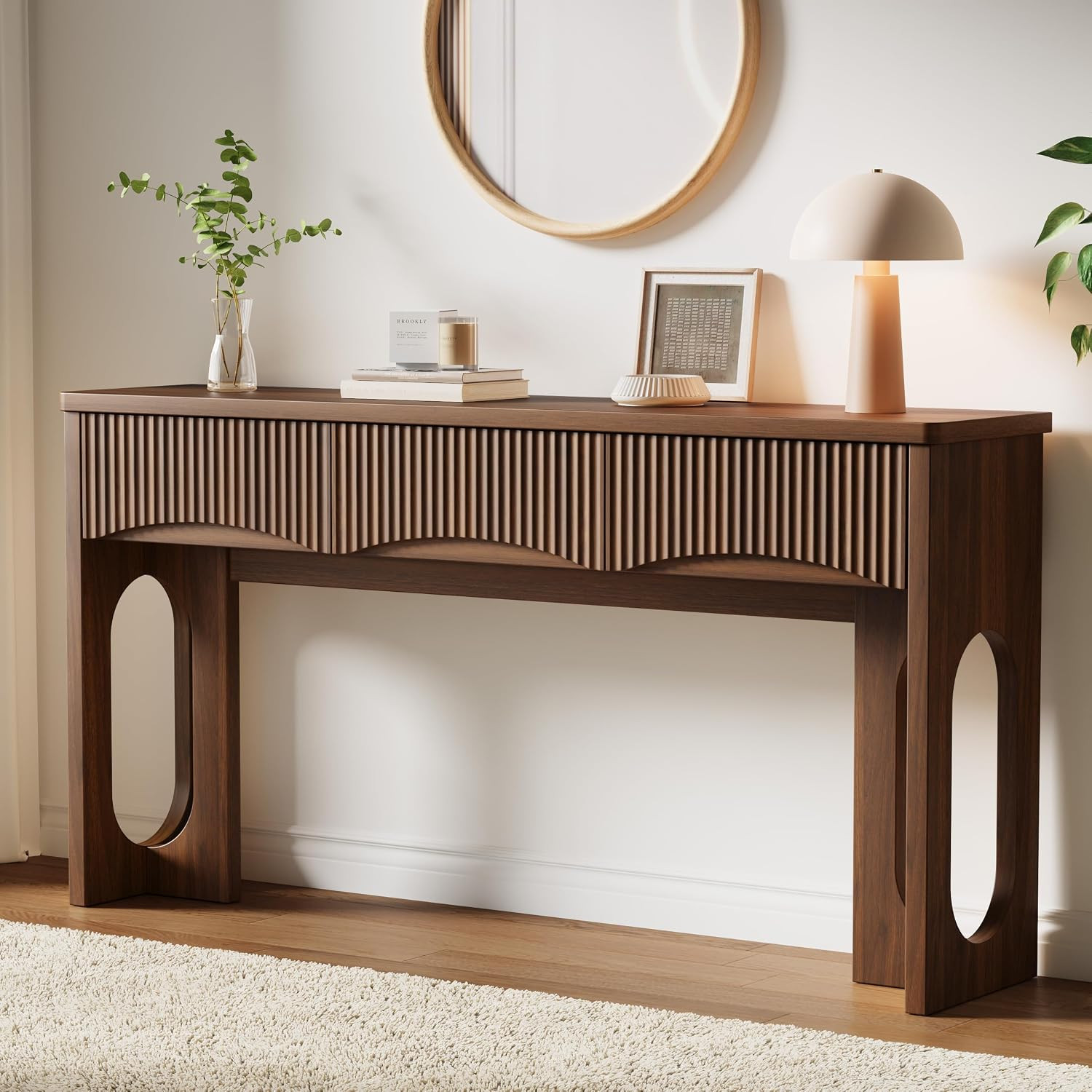 63" Fluted Console Table with 3 Storage Drawers,Walnut | Amazon (US)