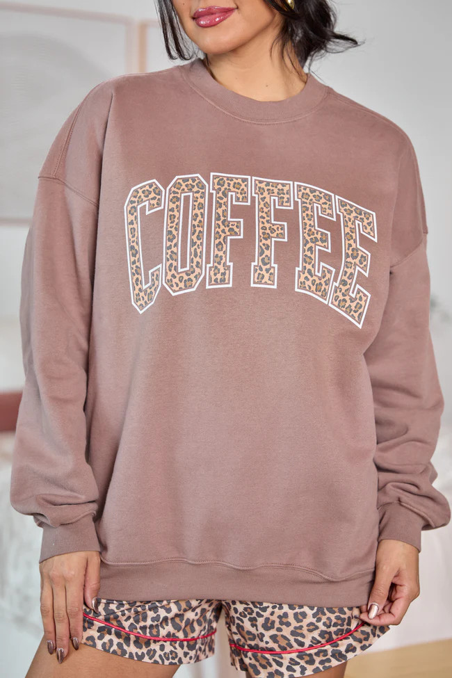 Coffee Leopard Print Mocha Graphic Sweatshirt SALE | Pink Lily