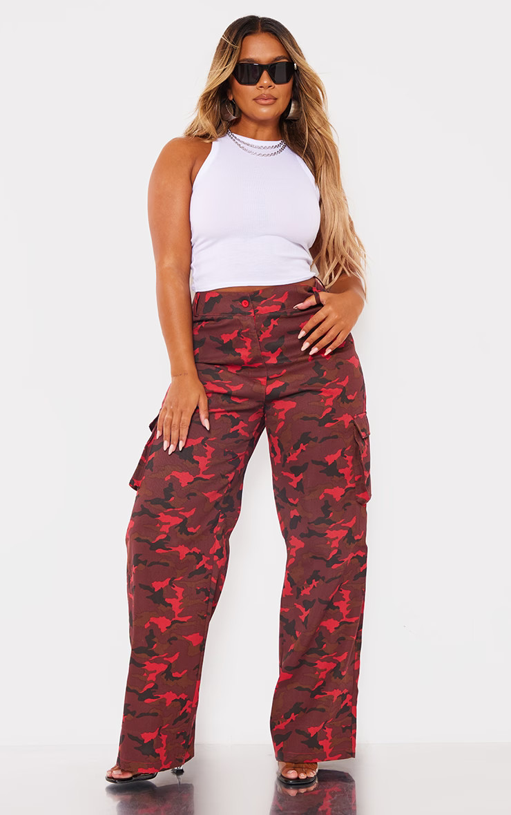 Shape Red Camo Print Pocket Detail Wide Leg Cargo Trousers | PrettyLittleThing UK