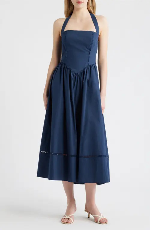 MOON RIVER Ladder Stitch Detail Halter Neck Cotton Dress in Navy at Nordstrom, Size X-Small | Nordstrom