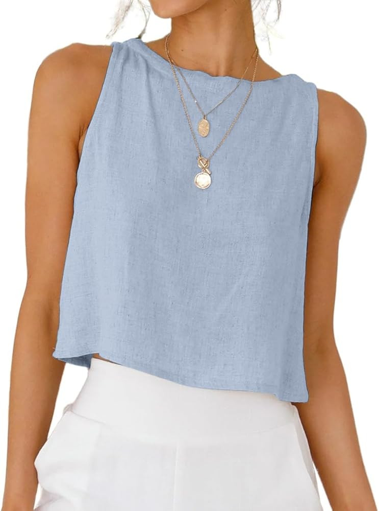 IDEALSANXUN Womens Linen Crop Tank Tops Cute Summer Sleeveless Cropped Linen Tops | Amazon (US)