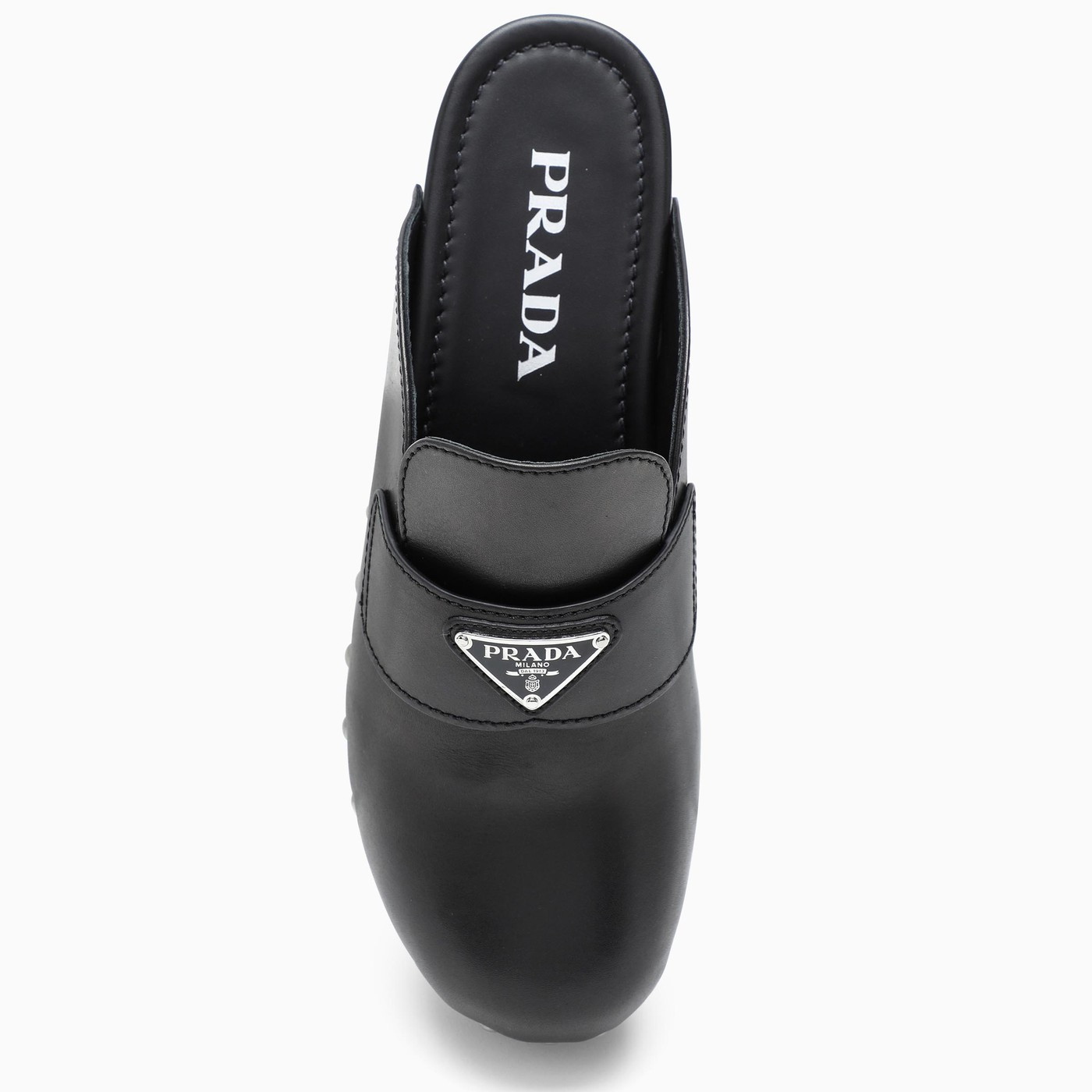 Black leather Prada Holiday clogs with studs | The Double F