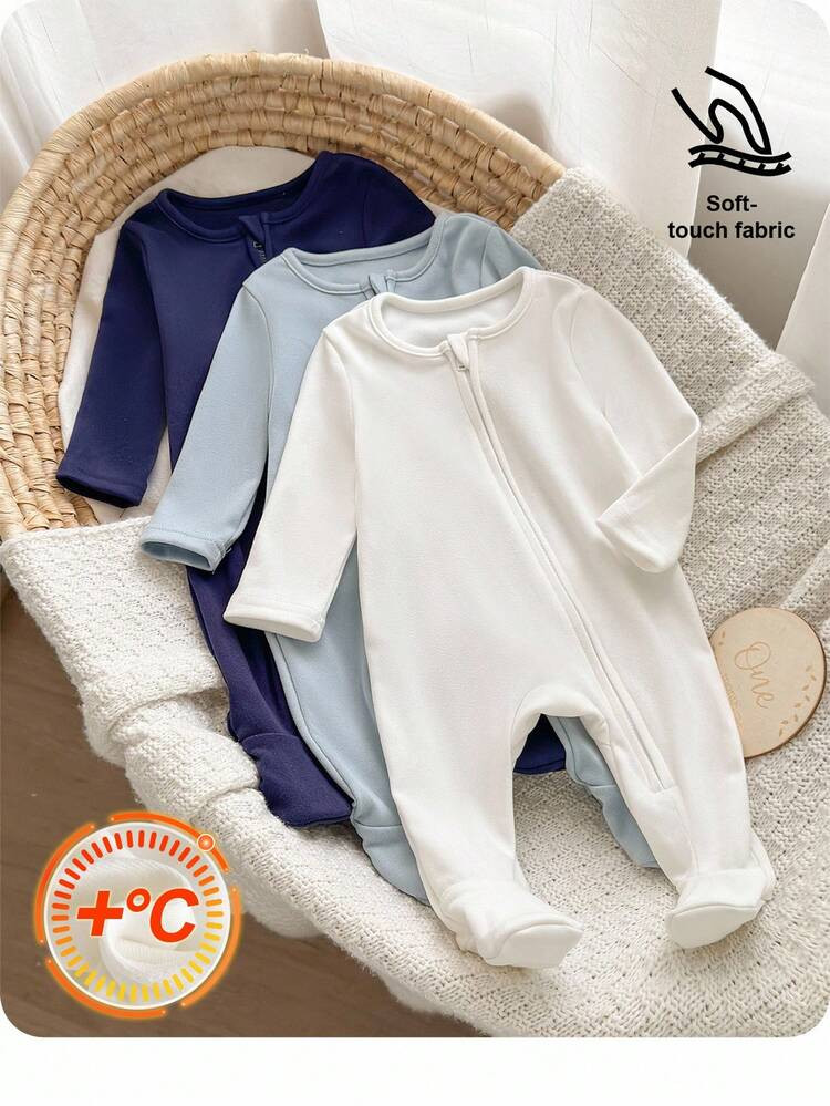 3pcs Newborn Baby Boy Soft Comfortable Long Sleeve Round Neck Zipper Front Ribbed Knit Romper Set Toddler Girl Clothes Fall Halloween Christmas Winter | SHEIN