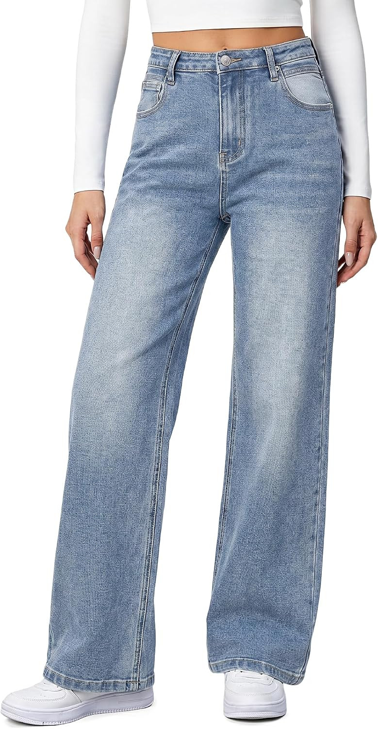 HDLTE Baggy Stretchy Jeans for Women High Waisted Trendy Wide Leg Jeans Boyfriend Denim Pants with Patch Pockets | Amazon (US)