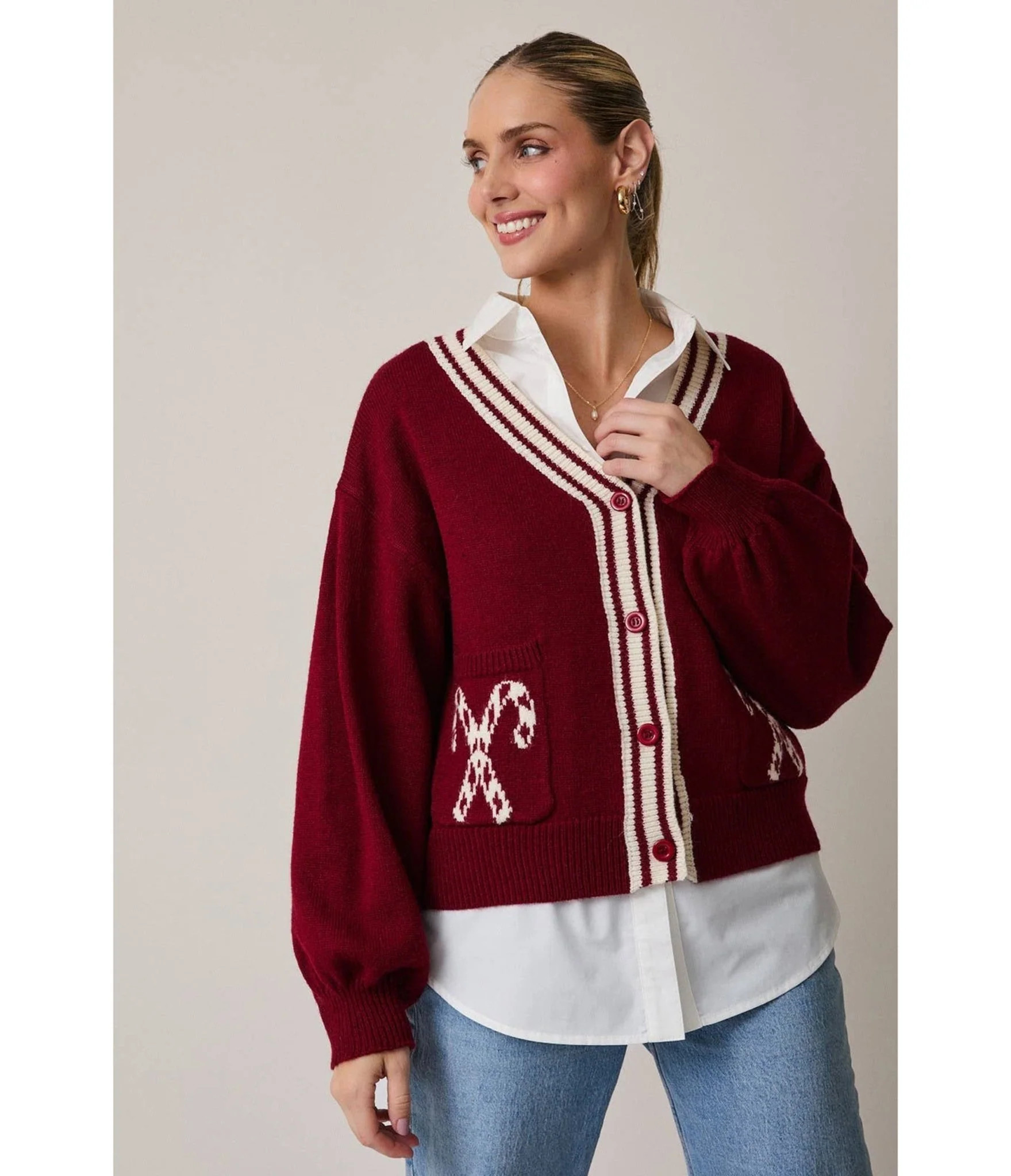 Burgundy Candy Cane Cardigan | UniqueVintage