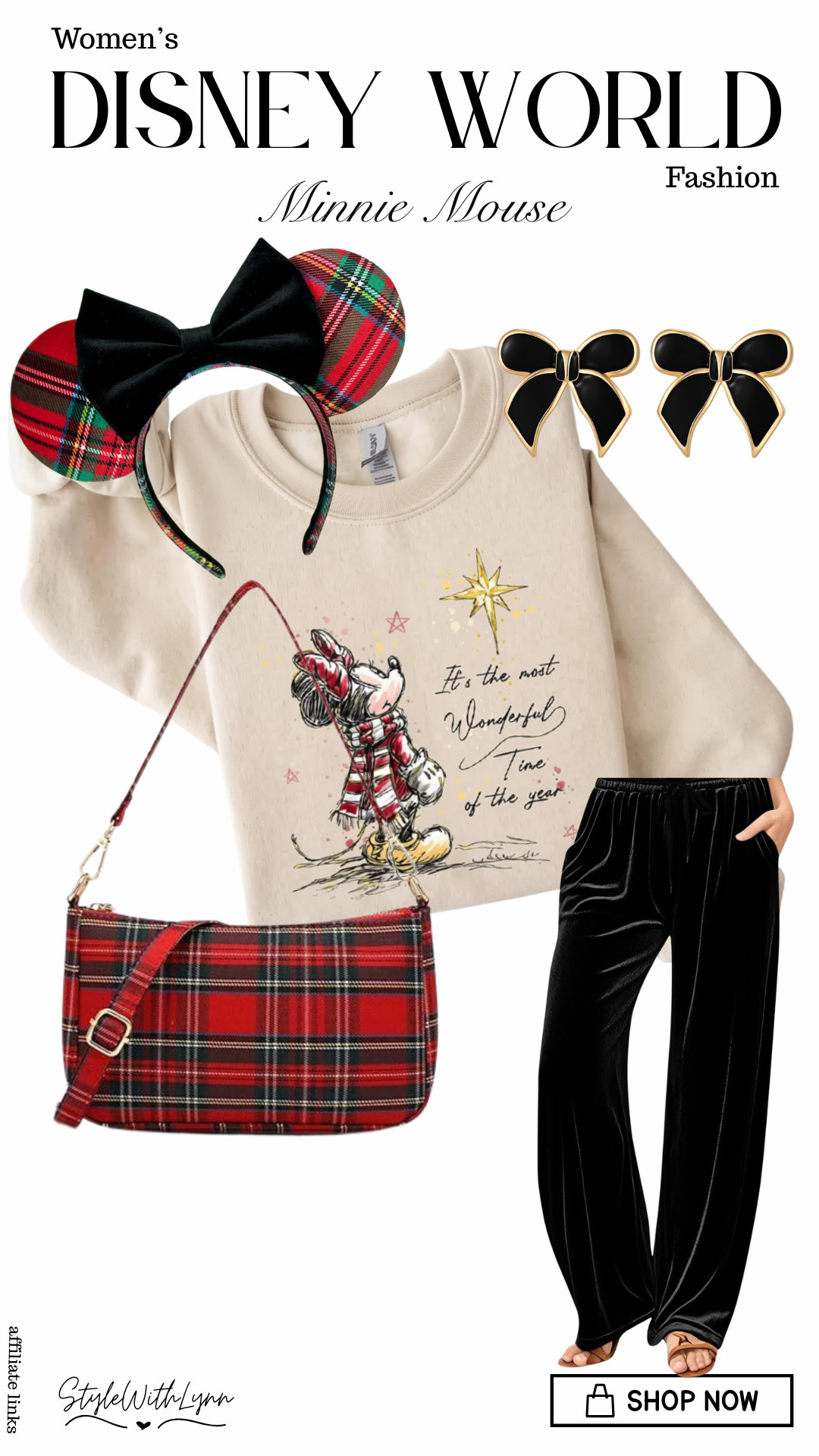 Minnie is ready for a merry and magical Disney day! 🎀 This cozy holiday look pairs the sweetest Minnie Christmas sweatshirt with classic plaid accessories, statement bow earrings, and comfy velvet pants, festive without sacrificing comfort! 

Perfect for Disney World at Christmas, Mickey’s Very Merry vibes, holiday parties, or a festive resort day. 🎀

🛍️ Want the details? Shop this entire look through my LTK! 

❤️ Save this for your Disney Christmas outfit inspo and follow me for more magical looks, affordable Disney finds and outfit ideas! 

 #DisneyChristmas #DisneyWorldChristmas #DisneyOutfits #DisneyStyle #DisneyFashion #MinnieMouse #MinnieMouseStyle #DisneyMom #DisneyMomStyle #DisneyWorldOutfit #ChristmasOutfit #HolidayOutfit #DisneyHoliday #DisneyStyleInspo #LTKootd #LTKmomlife #LTKSeasonal