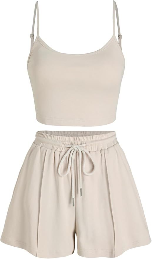 CIDER U-neckline Crop Cami Top & Drawstring Wide Leg Shorts Set | Amazon (US)