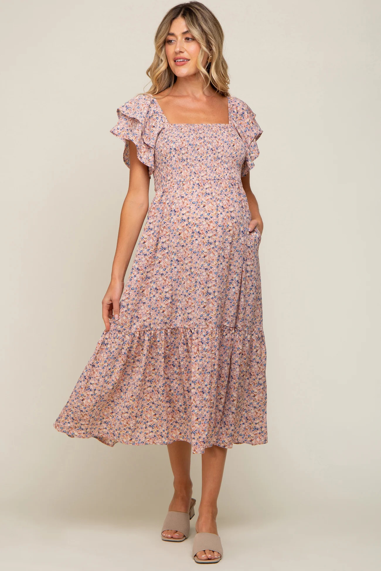 Cream Floral Flutter Maternity Midi Dress | PinkBlush Maternity