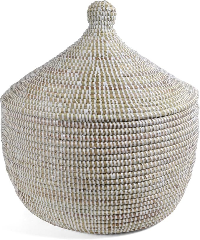African Fair Trade Handwoven Lidded Warming Basket, White | Amazon (US)
