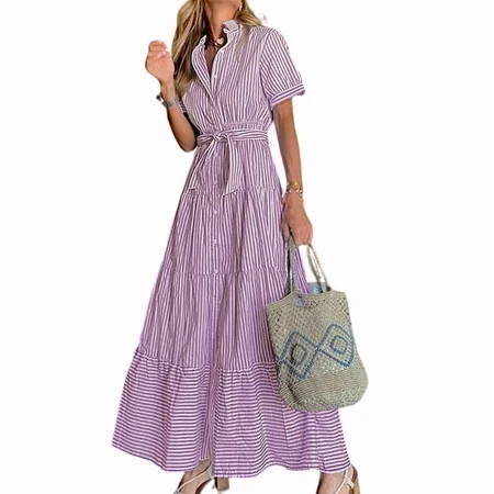 utcoco Womens Casual Striped Shirt Short Sleeve Maxi Dress Purple-S | Walmart (US)