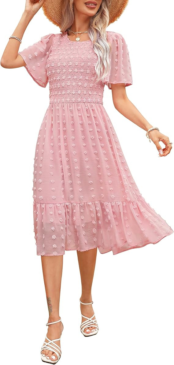 Annebouti Women's 2025 Summer Spring Wedding Guest Dresses Short Sleeve Casual Flowy Swiss Dot Sm... | Amazon (US)