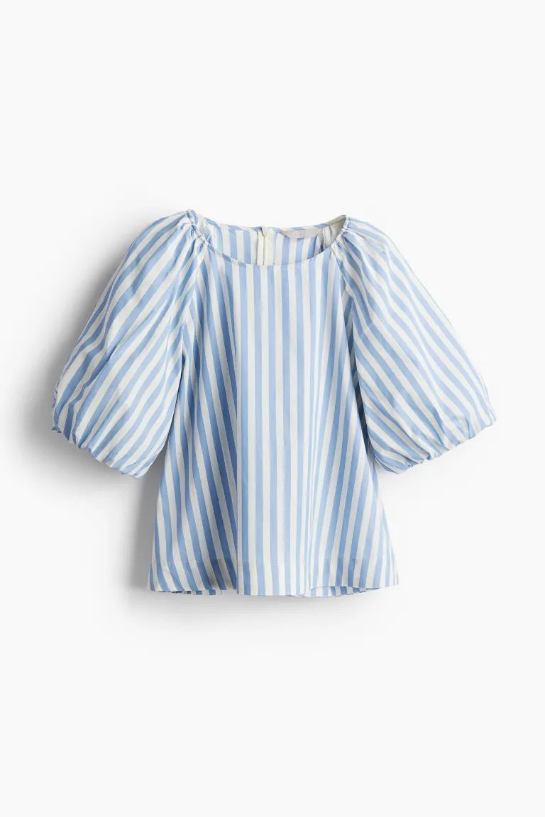 Puff-sleeved Blouse - Round Neck - Short sleeve - Light blue/striped - Ladies | H&M US | H&M (US + CA)