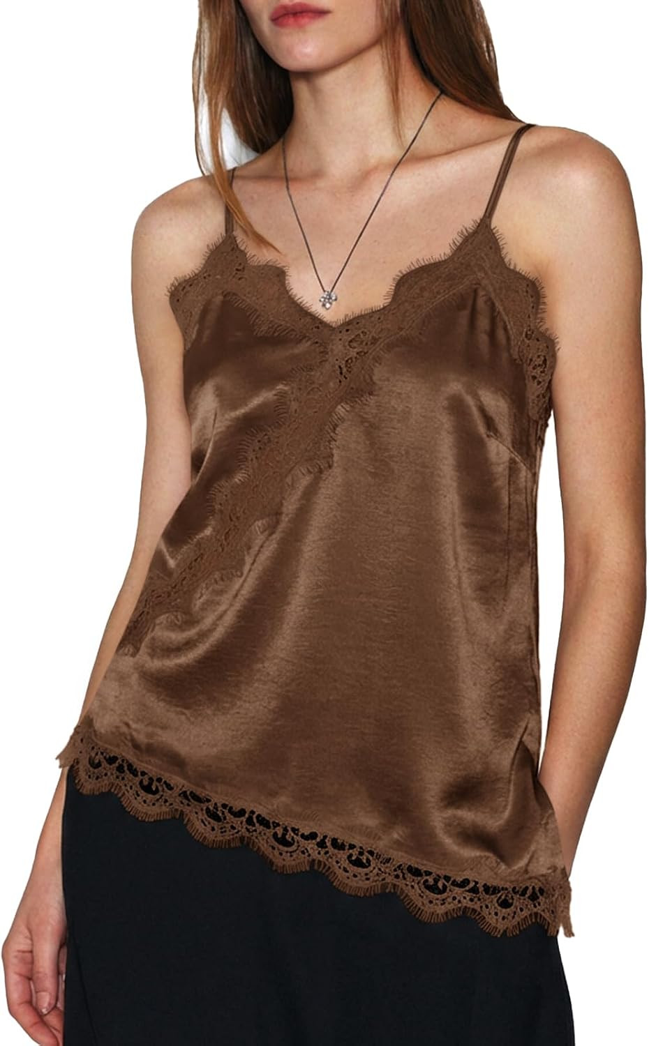 Cicy Bell Women Satin Lace Top Spaghetti Strap Asymmetrical Silk Camisole | Amazon (US)