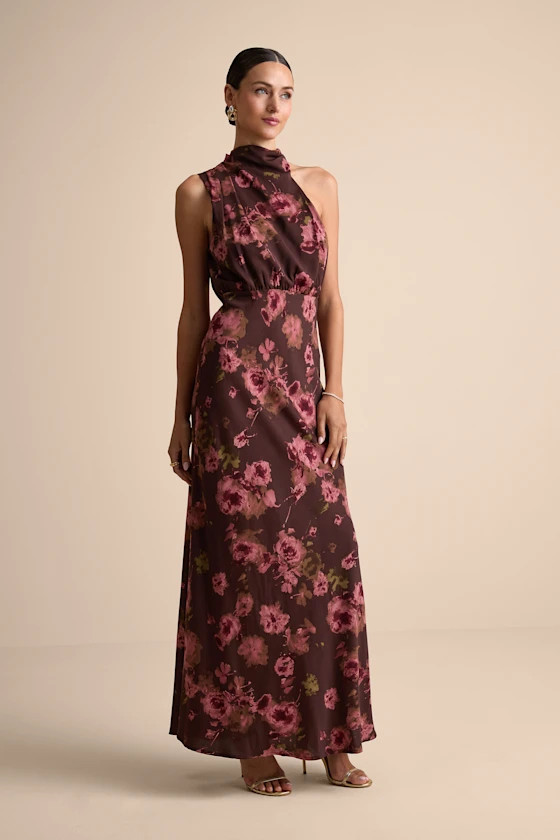 Distinctive Charm Brown Floral Satin Asymmetrical Maxi Dress | Lulus