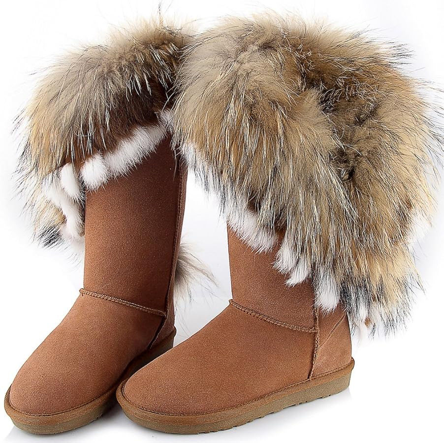 APHNUS Womens Mid Calf Boots Cow Leather Fur Snow Boots | Amazon (US)