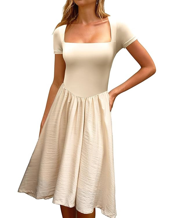 CHYRII Women Fashion Summer 2025 Square Neck Short Sleeve A-Line Wedding Guest Cocktail Midi Dres... | Amazon (US)