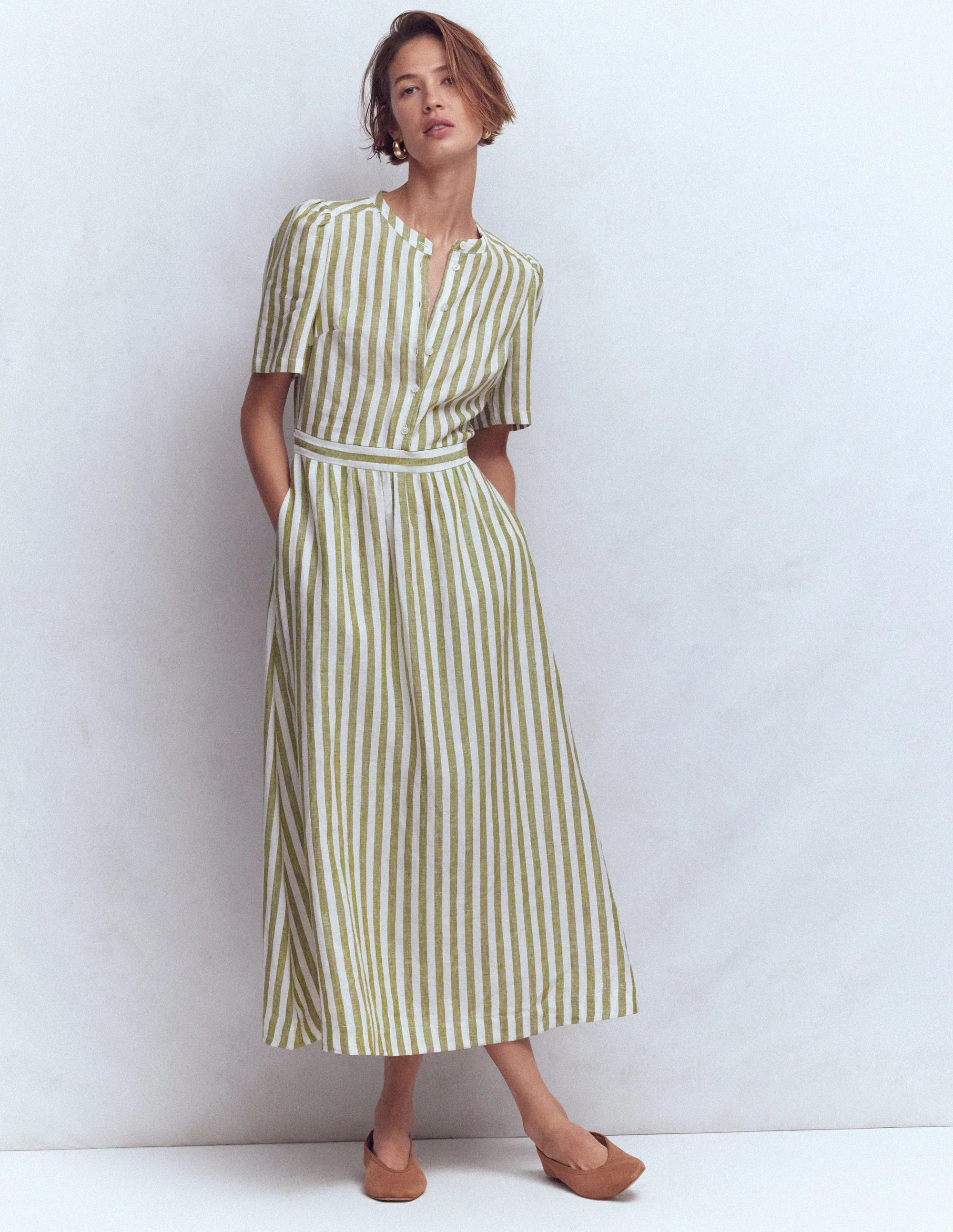 Ivy Linen Midi Dress-Olive, Ivory Stripe | Boden (US)