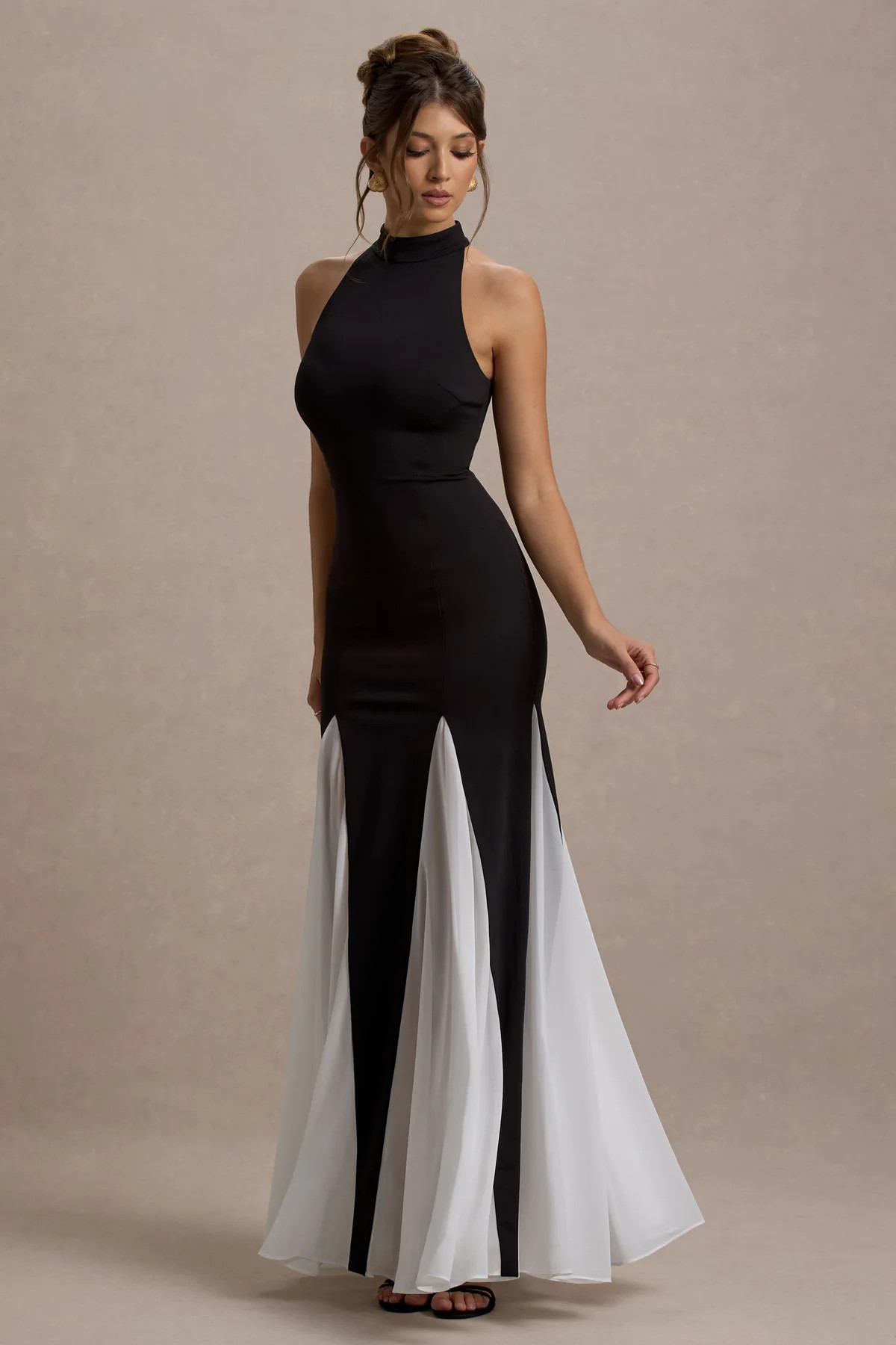 Litzy | Black High-Neck Maxi Dress With White Chiffon Trim | Club L London