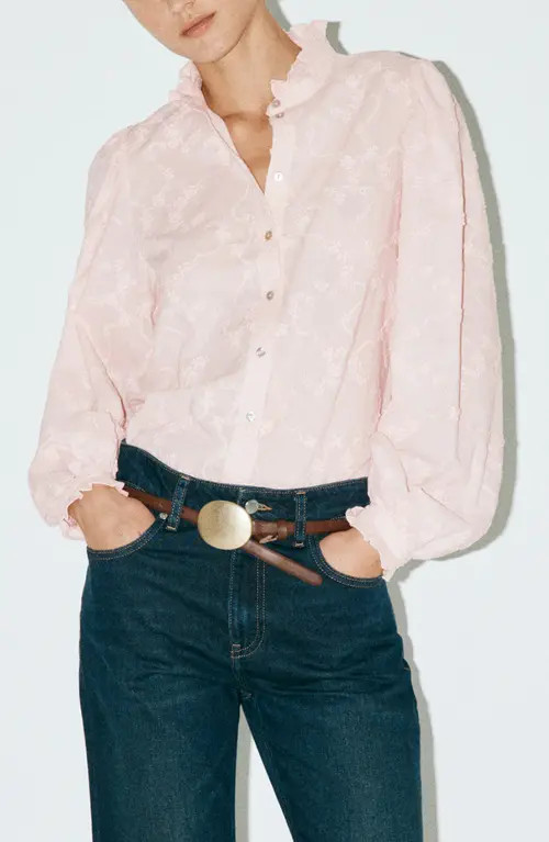 MANGO Embroidered Puff Sleeve Cotton Shirt in Pink at Nordstrom, Size 4 | Nordstrom
