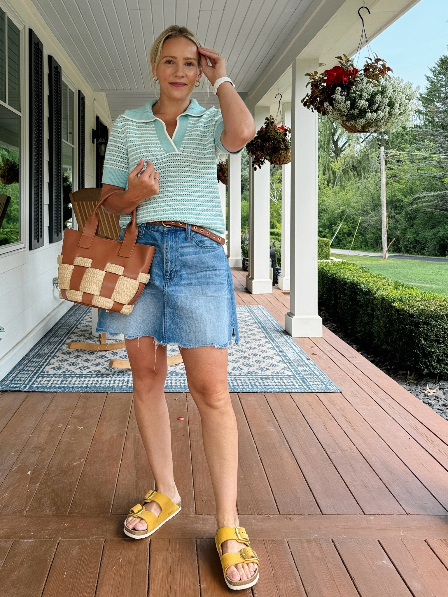 A breathable open knit polo (runs slightly large, I’m wearing a small),  breezy denim skirt, and Birkenstock sandals for a 🥵 summer day. 

Linked hair ties and sunscreen too 😉

♥️ Claire 

#LTKOver40 #LTKShoeCrush #LTKSeasonal