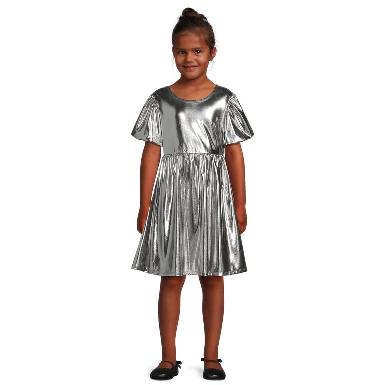 Wonder Nation Girls Metallic Knit Puff Sleeve Dress, Sizes 4-18 & Plus | Walmart (US)
