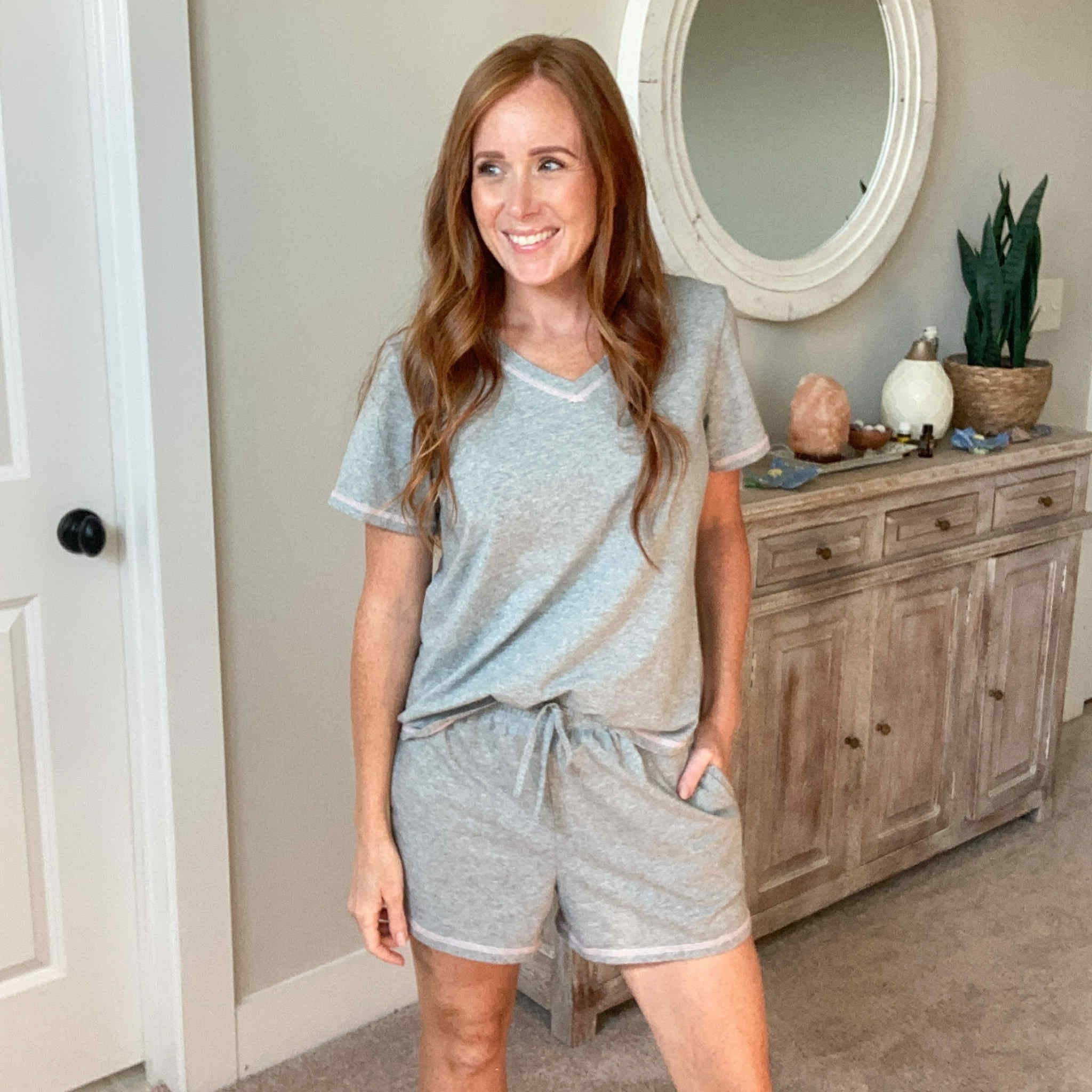 This is such a nice and cool cotton blend pajama set for summer. It’s breathable, stretchy, and soft. Comes in a bunch of different colors, this is the light grey with baby pink stitching. I got my normal size. Shorts have pockets and a functional drawstring with an elastic waistband. Definitely recommend .

#LTKOver40 #LTKFindsUnder50 #LTKStyleTip