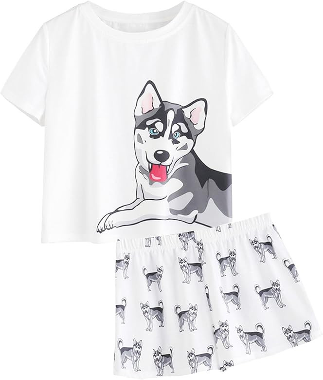 Women's Cute Cartoon Print Tee and Shorts Pajama Set | Amazon (US)