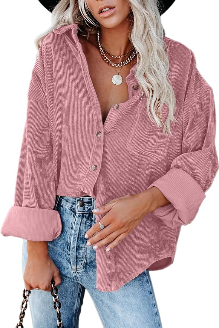 CHYRII Women's Corduroy Shirts Casual Oversized Button Down Shacket Long Sleeve Shirts Blouse Top... | Amazon (US)