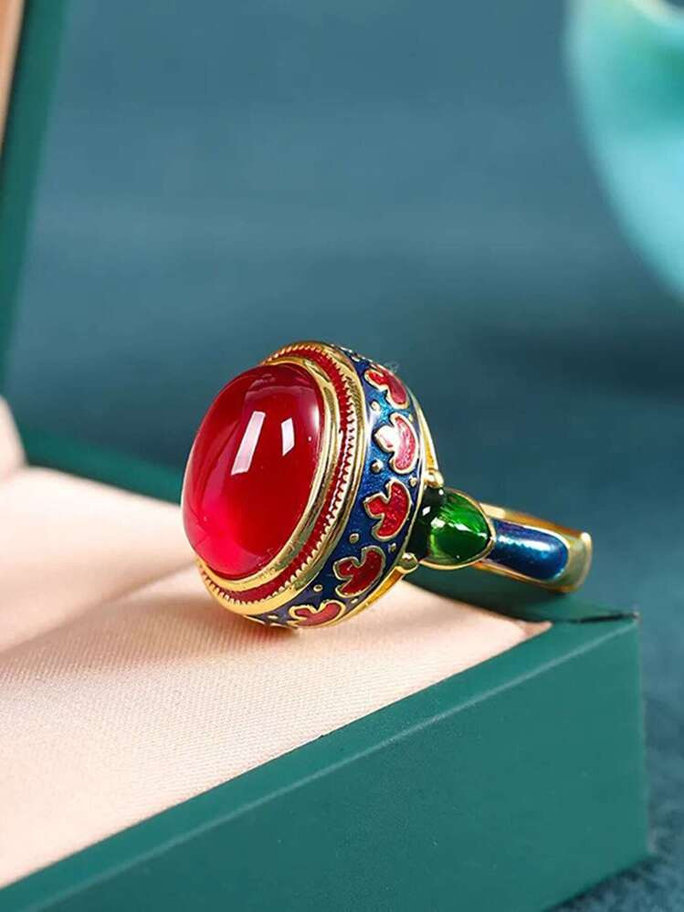 1pc Vintage Enamel Flower Ruby Ring, Suitable For Women Everyday & Festival Wear | SHEIN