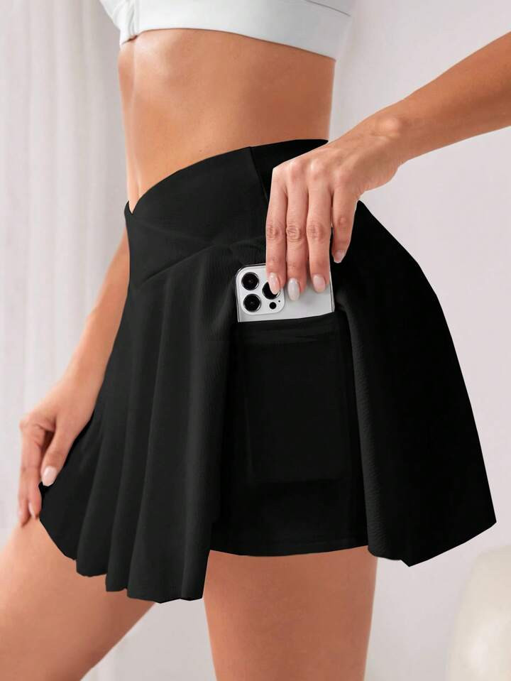 Tennis Basic Solid High Waist Sports Skort With Phone Pocket | SHEIN