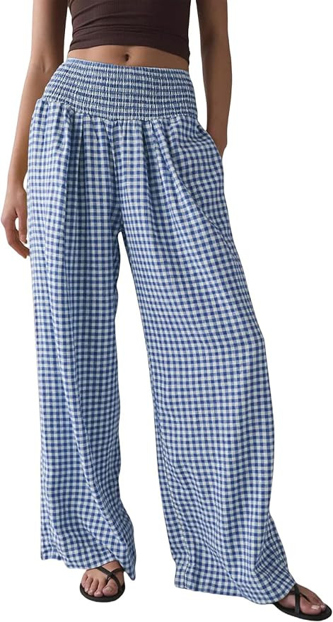 Womens Gingham Pants Cotton Wide Leg Plaid Pant Elastic Waist Lounge Pajama Bottoms Y2K Beach Vac... | Amazon (US)
