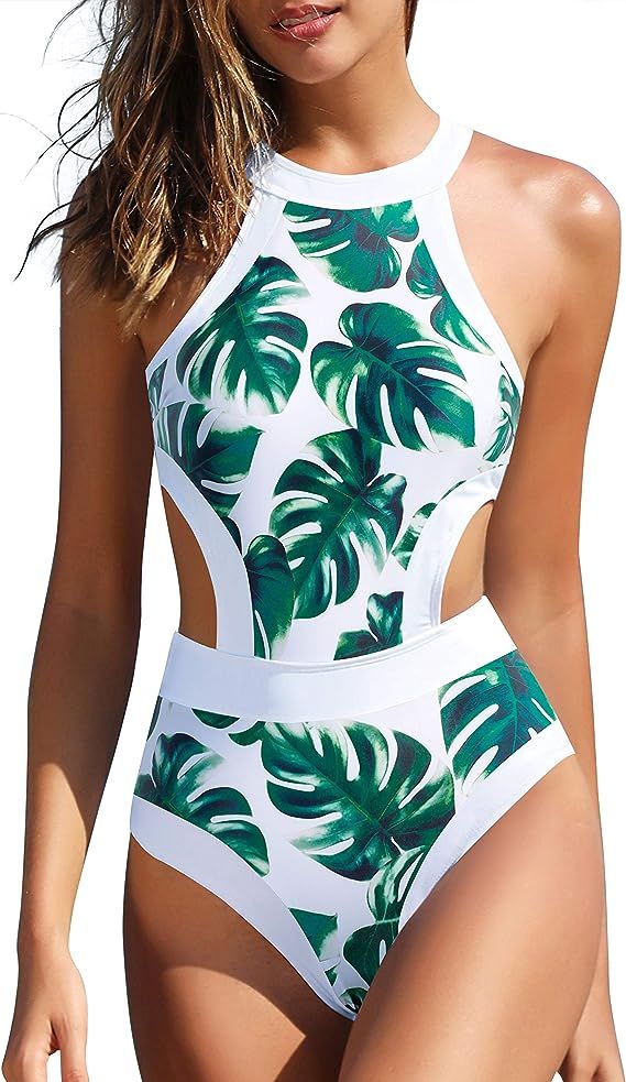 Holipick Women's High Neck Cutout One Piece Swimsuit Sports Tropical Printed Bathing Suits | Amazon (US)