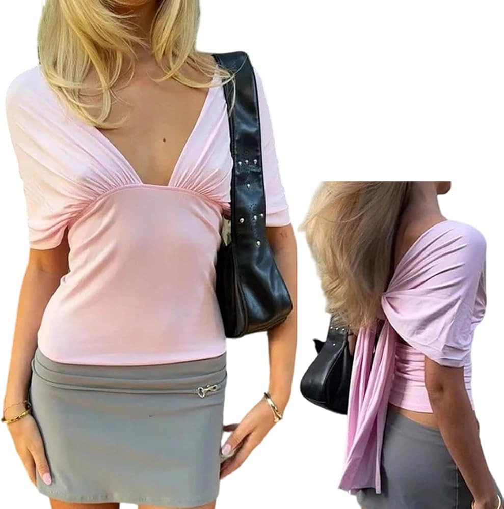 Foidiccx Womens Batwing Sexy Deep V Neck Tie Back Cinched Waist Wrap Top Y2k Going Out Cute Fitte... | Amazon (US)