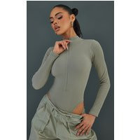 Moss Grey Snatched Rib Zip Up Long Sleeve Bodysuit | PrettyLittleThing CAN