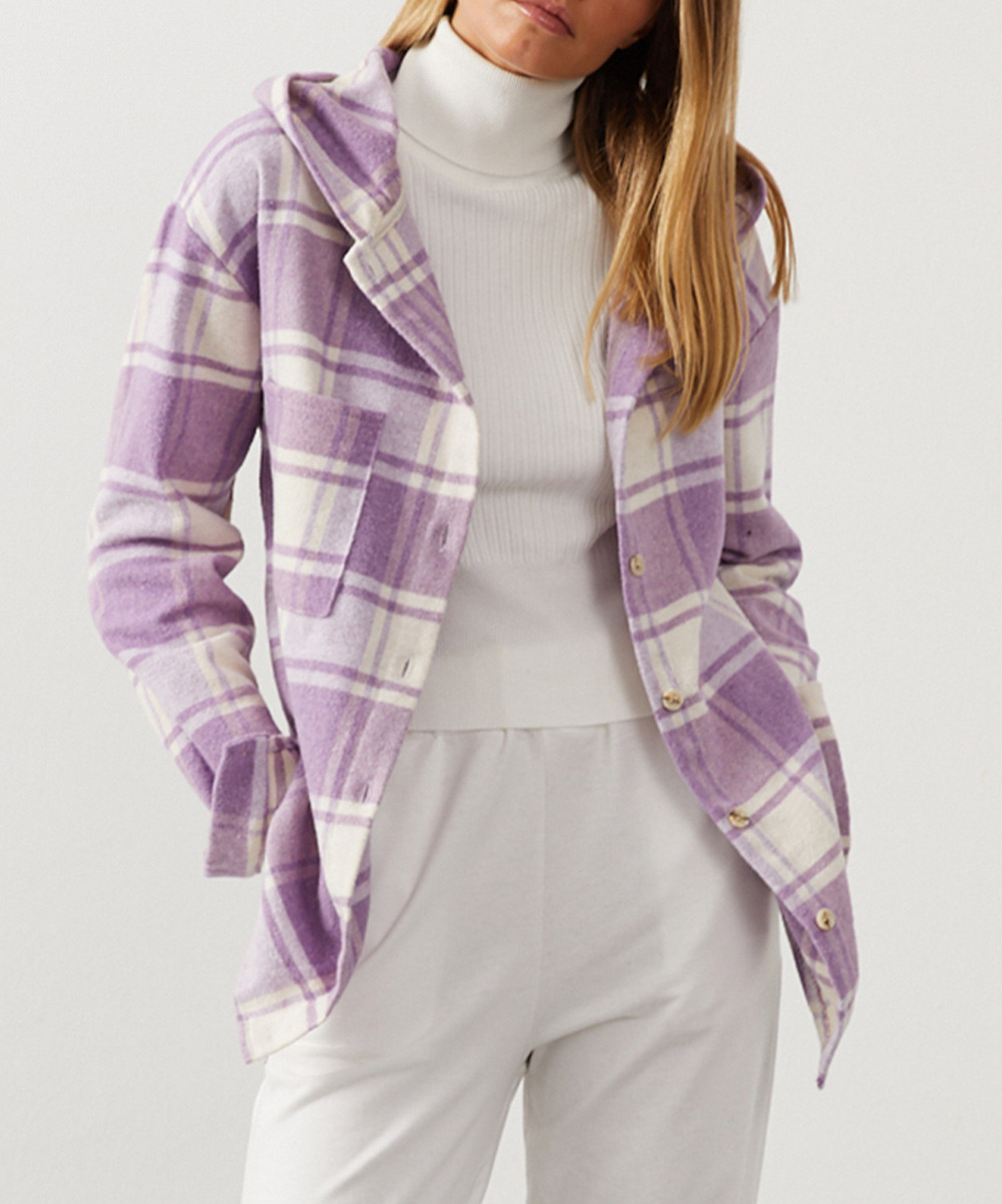 Milan Kiss Women's Button Down Shirts LILAC-ECRU - Lilac & Ecru Plaid Chest-Pocket Hooded Jacket - W | Zulily