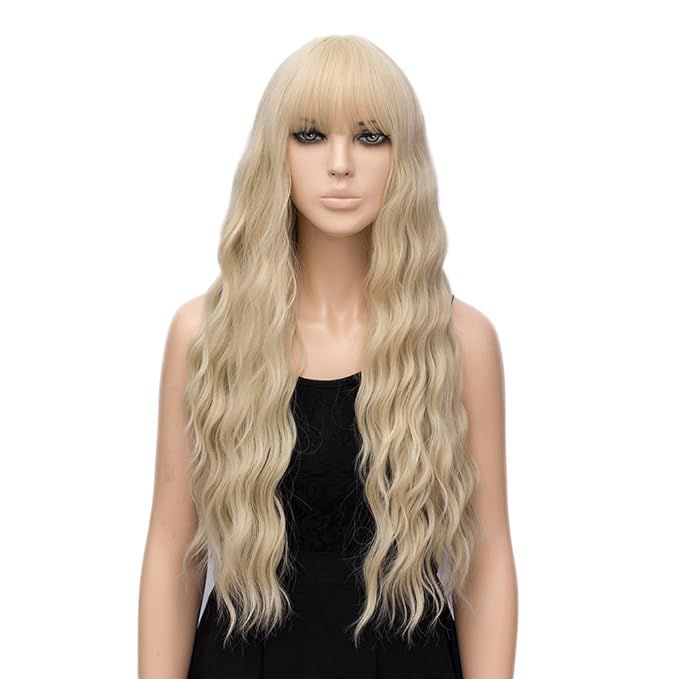 netgo Women's Golden Blonde Wigs with Bangs Long Fluffy Curly Wavy Hair Wigs for Girl Heat Friend... | Amazon (US)