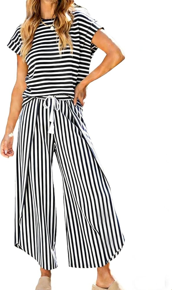 HangNiFang Womens Summer Striped 2 Piece Outfits Cap Sleeve Open Leg Pant Set Vacation Outfits Ma... | Amazon (US)