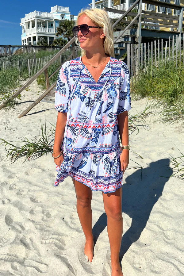Orange Beach Dress, aztec bird print by King + Pitt | Mimi Seabrook