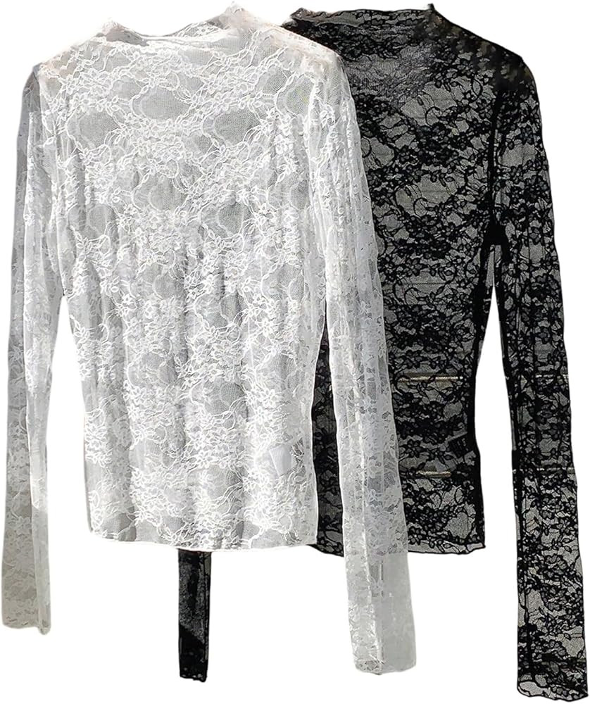 WDIRARA Women's 2 Pack Floral Lace T Shirts Sheer Mesh See Through Long Sleeve Tee Fitted Tops | Amazon (US)