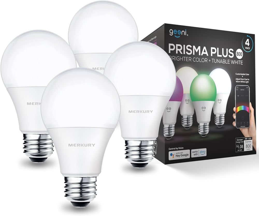 Geeni Prisma Plus 800 WiFi LED Smart Light Bulb (4-Pack), 2700-6500K Tunable Hue White to RGB, Di... | Amazon (US)