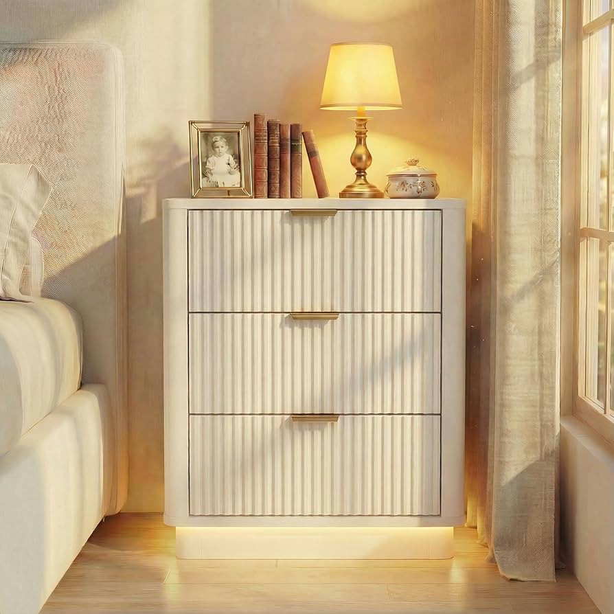 Led Fluted Nightstand, Smart Curved Night Stand with Charging Station Lighting, Wood End Table wi... | Amazon (US)