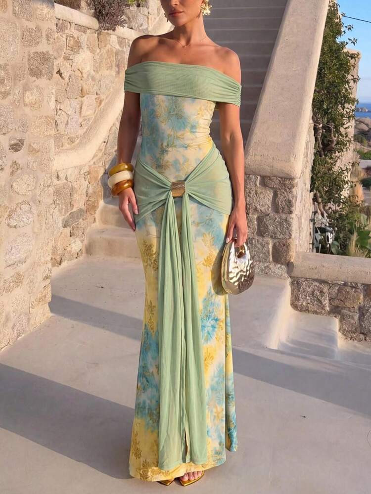 Lumalex Damen eleganter Urlaubsstil sexy Off-Shoulder Kleid mit Metallschnallen-Dekor, tailliert,... | SHEIN
