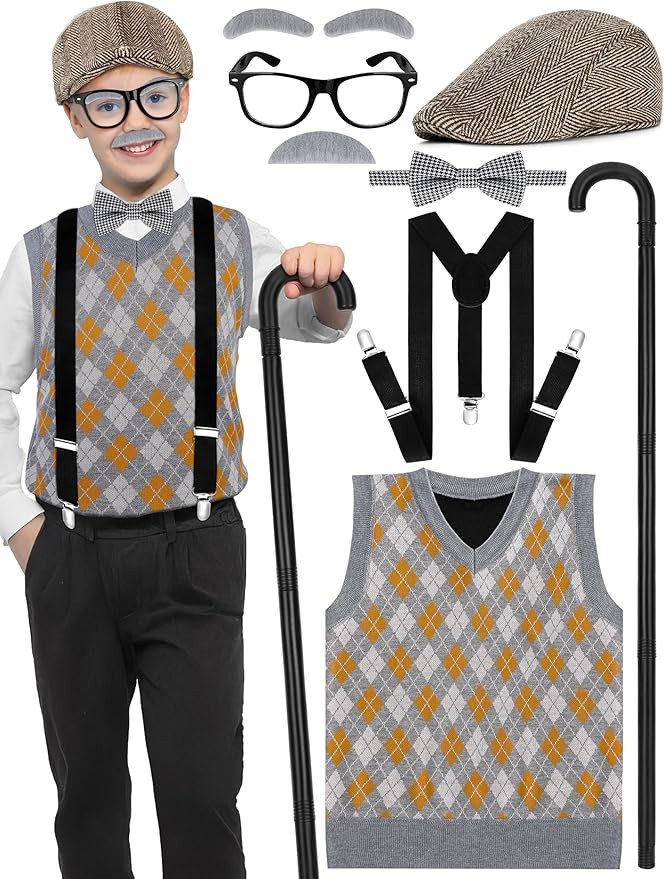 100th Days of School Costume, Boys Old Man Costume Vest Hat Accessories, Kids 100th Day of School... | Amazon (US)