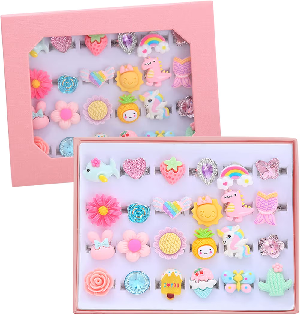 24pcs Little Girl Jewel Rings, Adjustable, No Duplication Kids Play Ring in Box,Pretend Play and ... | Amazon (US)