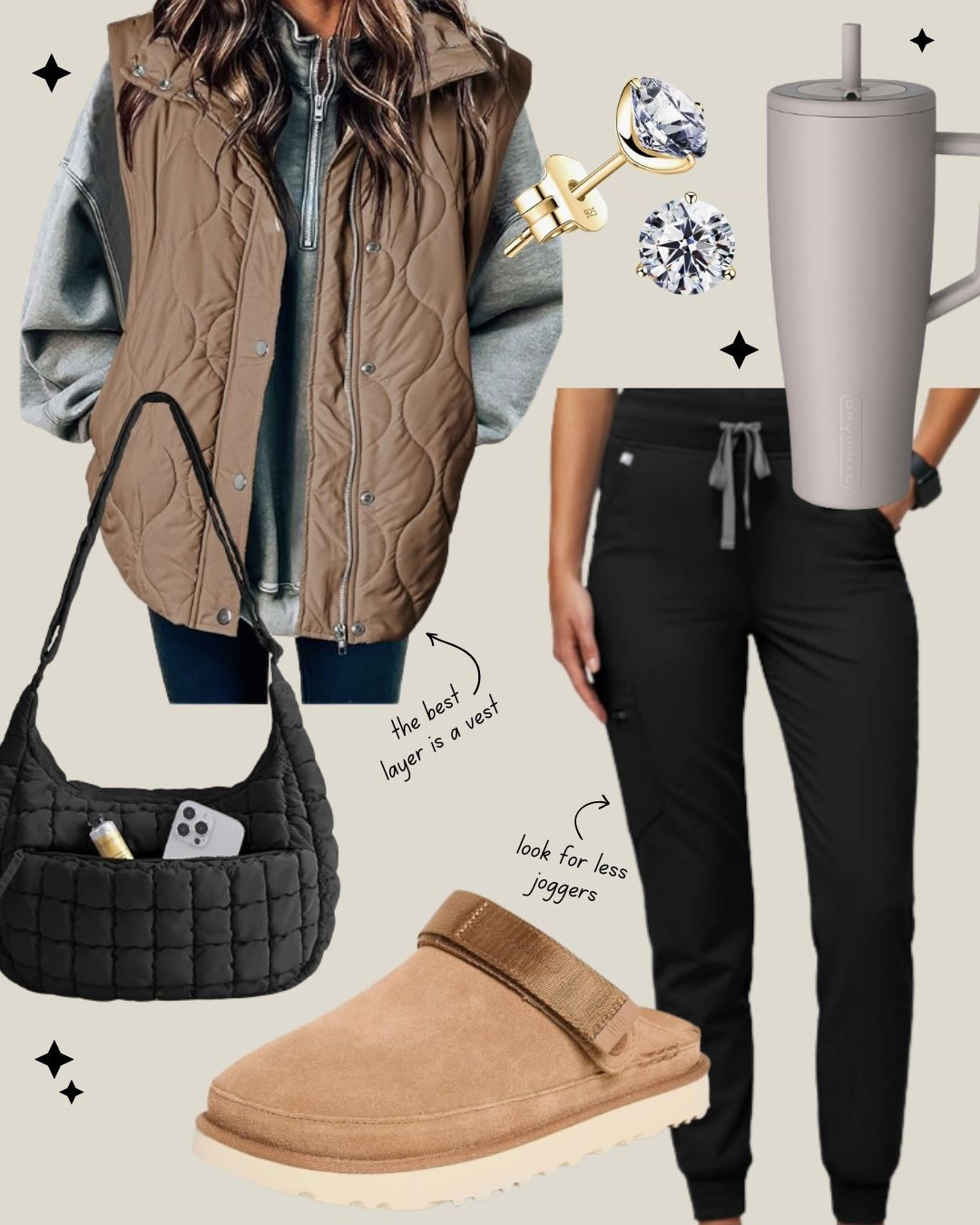 These comfy jogger scrub pants are a must-have for style and comfort. Pair with a cozy puffer vest and UGG clogs for the perfect look.  

 #LTKmomlife #LTKMidsize #LTKFindsUnder100