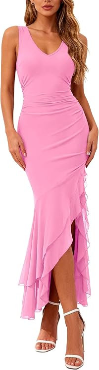 BTFBM Summer Dresses for Women 2026 Bodycon Ruched Sleeveless V Neck Solid Maxi Cocktail Wedding ... | Amazon (US)