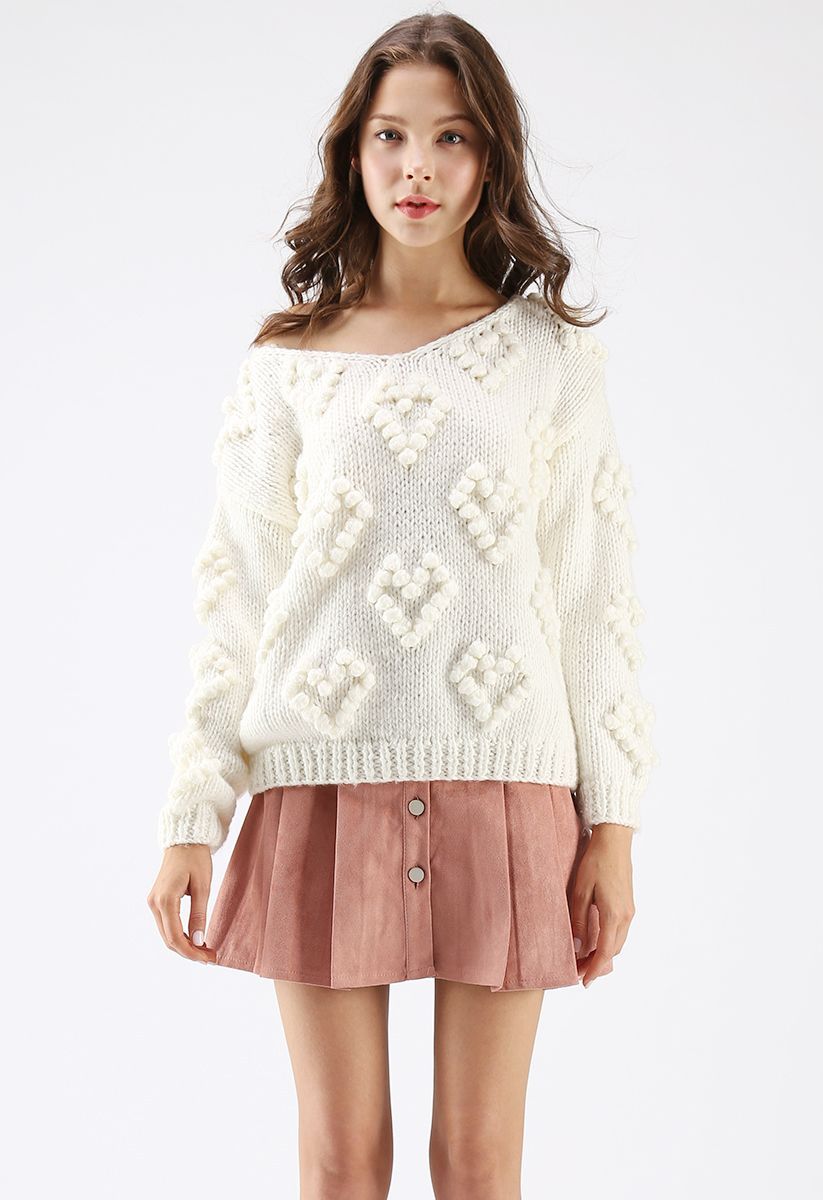 Knit Your Love V-Neck Sweater in White | Chicwish