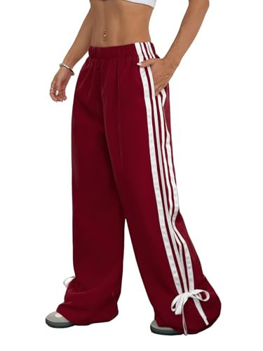 ZAFUL Womens Side Striped Pant Baggy Wide Leg Sweatpants Elastic Waisted Contrast Stripes Loose Fit Trousers(3-Burgundy,S) | Amazon (US)