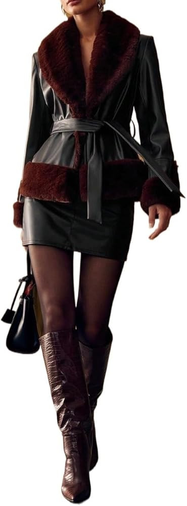 Womens Warm PU LEATHER FAUX FUR COLLAR BELTED COAT FOR WOMEN Faux Fur Coat | Amazon (US)