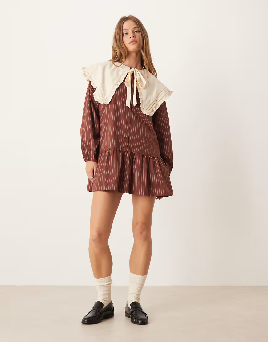 Neon Rose oversized collar pinstripe mini smock dress in brown and buttercream | ASOS (Global)